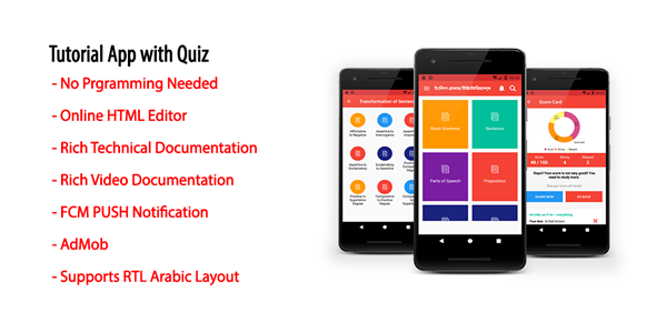 Tutorial App with Quiz | Native Android Offline Learning App with AdMob & Firebase PUSH Notification