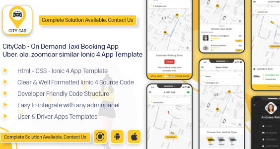 CityCab - On Demand Taxi Booking App -  Uber, ola, zoomcar similar app ionic 4 template android ios
