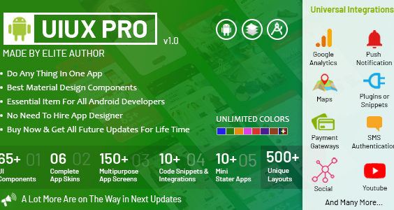 UIUX PRO - Android Material Design UI Components, App Screens, Code Snippets, App Skins & Mini Apps