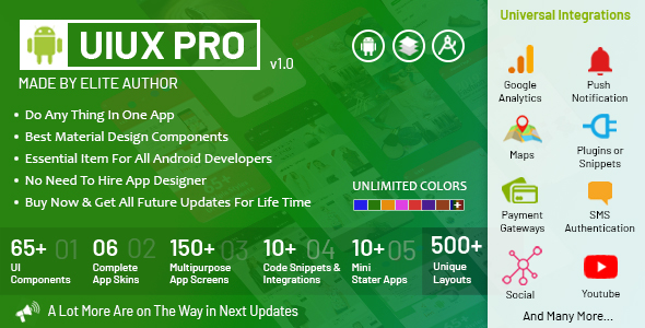 UIUX PRO - Android Material Design UI Components, App Screens, Code Snippets, App Skins & Mini Apps