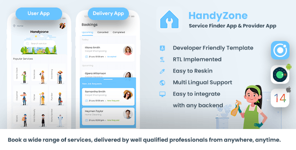 Home Service Finder| Provider| Booking Android + iOS App Template|2 Apps| HTML+CSS IONIC 5 Handyzone
