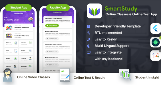 Online Classes & Online Test Android + iOS App Template| 2 Apps Student+Faculty| Flutter| SmartStudy
