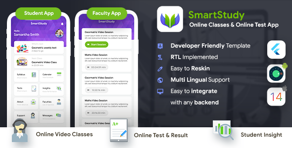 Online Classes & Online Test Android + iOS App Template| 2 Apps Student+Faculty| Flutter| SmartStudy