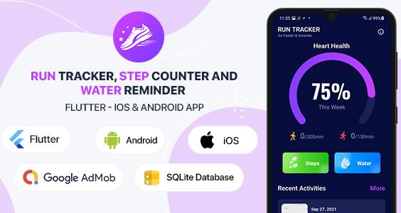 Run Tracker, Step Counter and Water Reminder - Flutter Android & iOS App (20 Languages)
