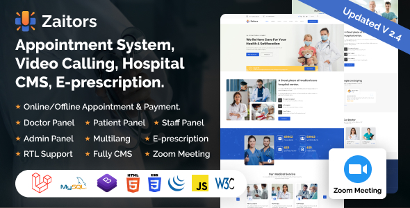 Zaitors - Appointment System, Video/Audio Calling, E-prescription. Hospital CMS Laravel.